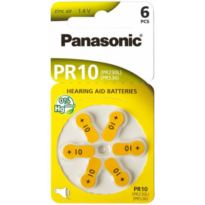 Baterie do aparatów słuchowych Panasonic 10   PR10   PR230L   PR536   PR70 – 6 sztuk