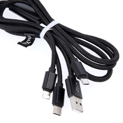 Maxlife kabel 3w1 USB-Lightning+USB-C+microUSB 1,0m 2,1A czarny nylonowy