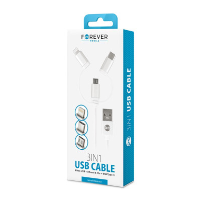 Forever kabel 3w1 USB-Lightning+USB-C+microUSB 1,0m 1,5A biały